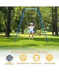Gymax Outdoor Kids Swing Set Heavy Duty Metal A-Frame w/ Ground Stakes