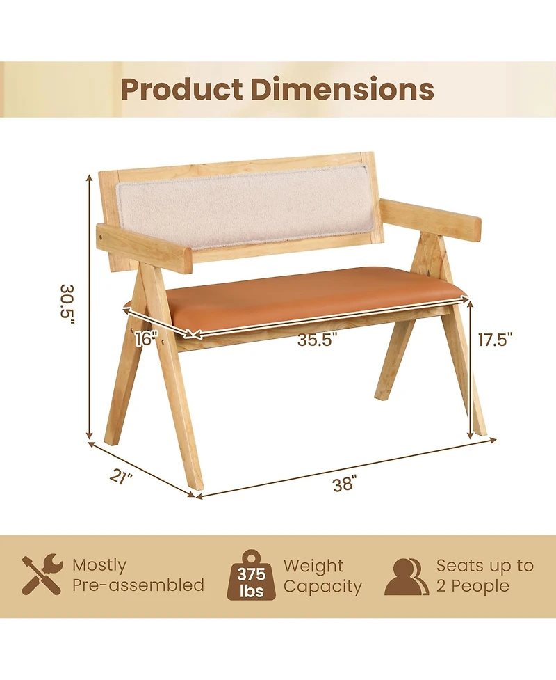 Gymax Rubber Wood Dining Bench w/Armrest Sherpa Upholstered Backrest Soft-padded Seat
