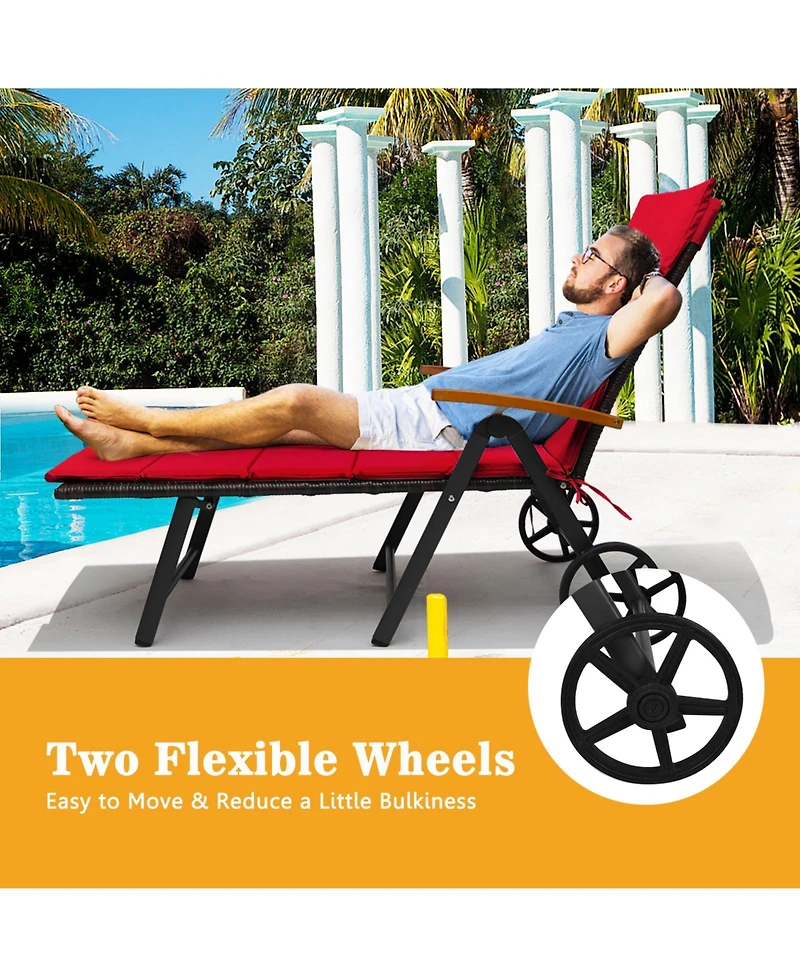 Gymax 2PCS Folding Patio Rattan Lounge Chair Chaise Aluminum W/ Wheel & Red Cushion
