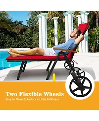 Gymax 2PCS Folding Patio Rattan Lounge Chair Chaise Aluminum W/ Wheel & Red Cushion
