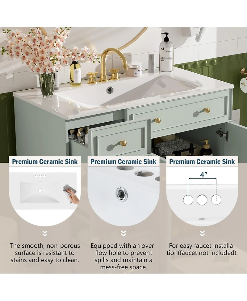 Casainc 36" Bathroom Vanity with Ceramic Sink, Double-Layer Drawers, Soft-Close Doors and Adjustable Shelves