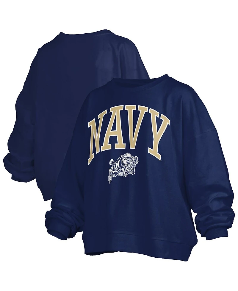 Pressbox Women's Navy Midshipmen Janise Arch Over Logo Waist Length Oversized Pullover Sweatshirt
