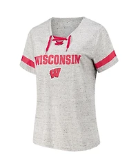 Fanatics Women's Heather Gray Wisconsin Badgers Plus Lace-Up V-Neck T-Shirt