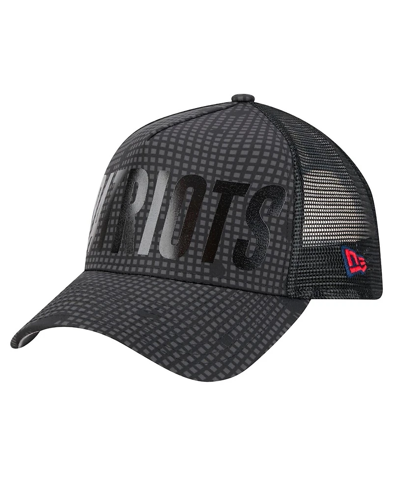New Era Men's Black New England Patriots Midnight Ink Tonal Text A-Frame Trucker 9FORTY Adjustable Hat
