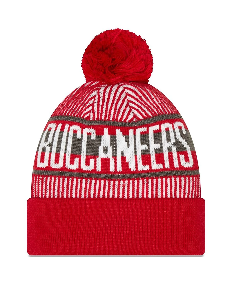 New Era Men's Red Tampa Bay Buccaneers Striped Cuffed with Pom Knit Hat