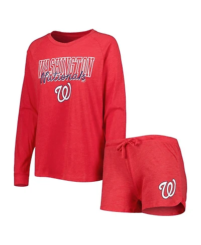 Concepts Sport Women's 2-Pack Heather Red Washington Nationals Meter Knit Raglan Long Sleeve Top Shorts and Sleep Set