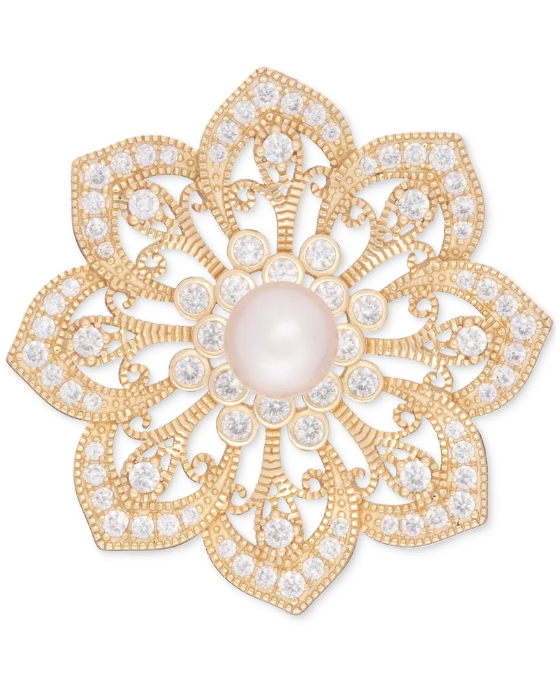 Cultured Freshwater Pearl (7mm) & Cubic Zirconia Filigree Flower Pin in 18K Gold-Plated Sterling Silver