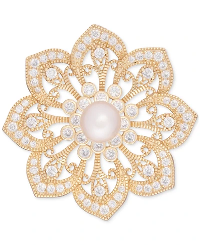 Cultured Freshwater Pearl (7mm) & Cubic Zirconia Filigree Flower Pin in 18K Gold-Plated Sterling Silver
