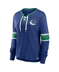 Fanatics Women's Blue Vancouver Canucks Effervescent Exclusive Notch Neck Lace-Up Long Sleeve Slub T-Shirt