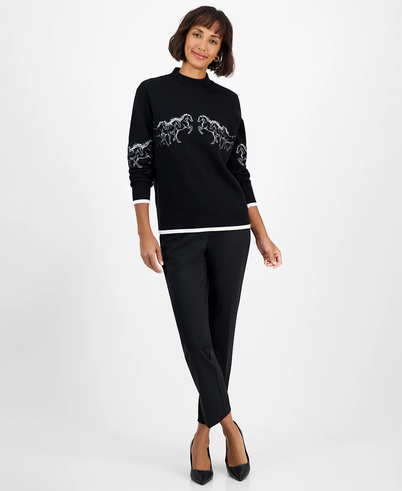 T Tahari Women's Mock-Neck Embroidered-Horse Sweater