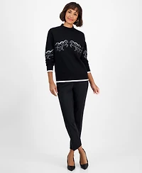 T Tahari Women's Mock-Neck Embroidered-Horse Sweater