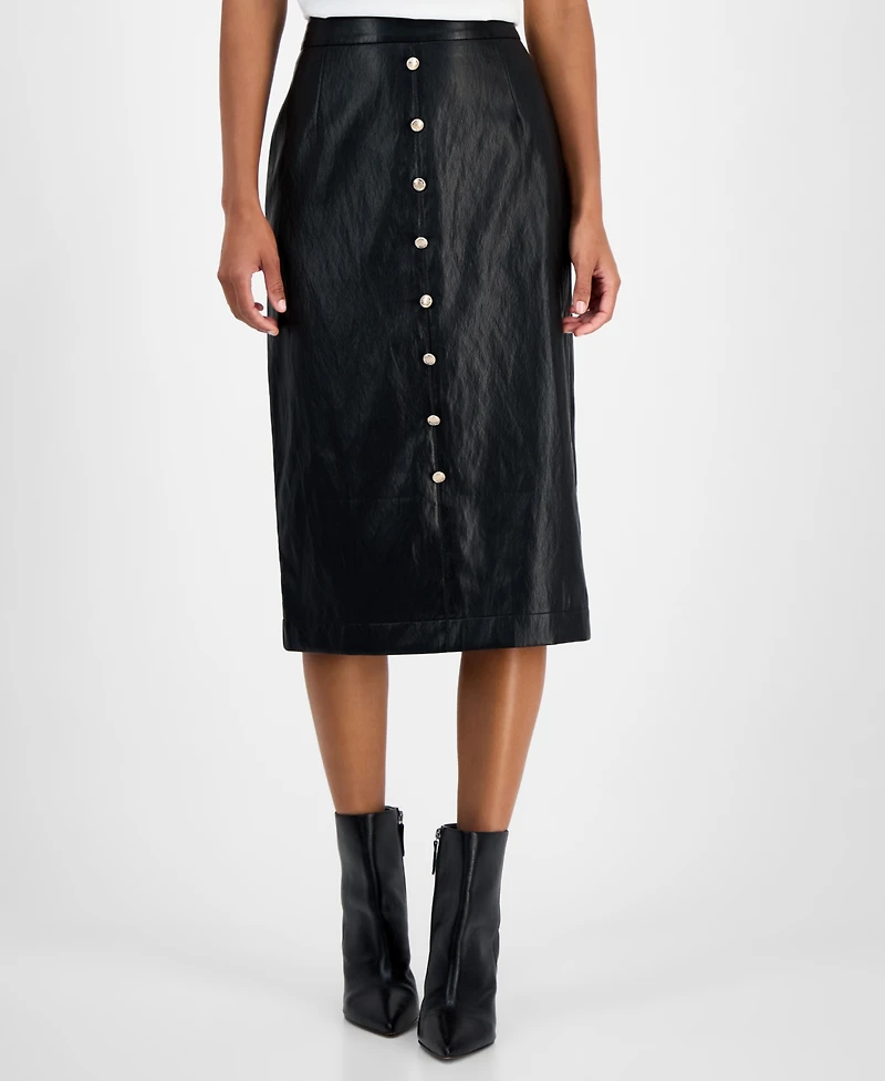 T Tahari Women's Faux-Leather Midi Skirt