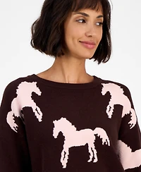 T Tahari Women's Horse-Print Crewneck Long-Sleeve Sweater
