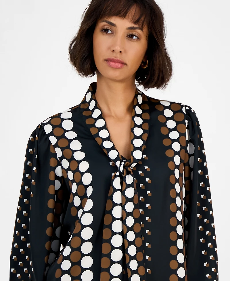 T Tahari Women's Printed Tie-Neck Long-Sleeve Blouse