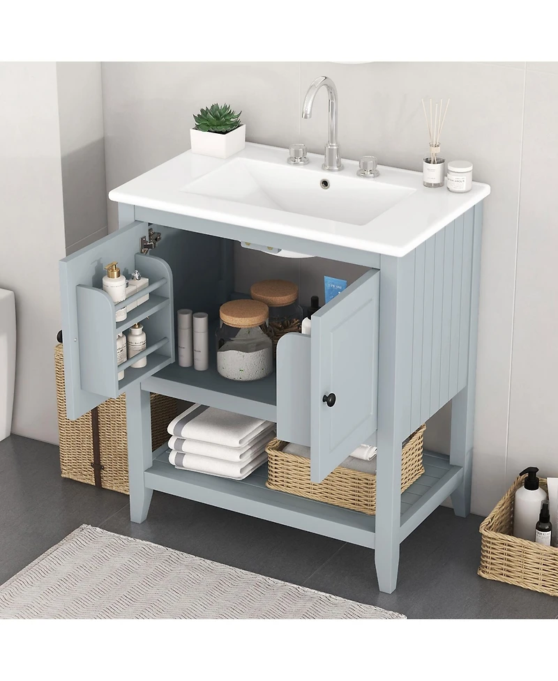 Casainc 30" Modern Bathroom Vanity with Ceramic Sink, Solid Wood Frame, Open Shelf & Door Shelf Design