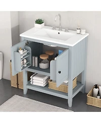 Casainc 30" Modern Bathroom Vanity with Ceramic Sink, Solid Wood Frame, Open Shelf & Door Shelf Design