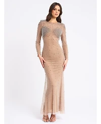 Miss Circle Women Rita Embroidered Mesh Silver Beaded Mermaid Gown