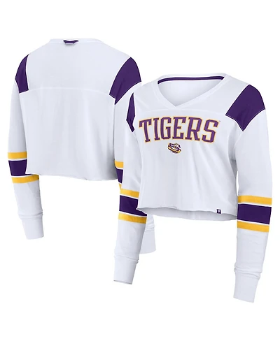 Fanatics Women's White Lsu Tigers Training Camp Cropped Long Sleeve V-Neck Fashion Top