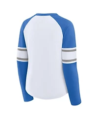 Fanatics Women's White/Blue Detroit Lions Redzone Blitz Package Raglan Lace-Up V-Neck Long Sleeve T-Shirt