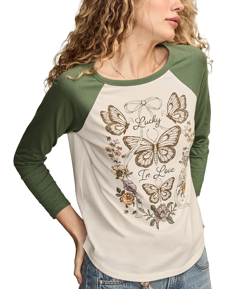 Lucky Brand Women's Love Butterfly T-shirt with Raglan Sleeves