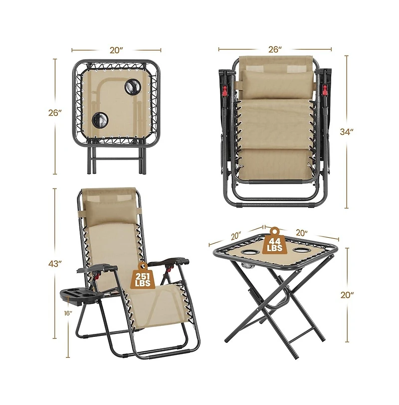 Yaheetech 3pcs 26in Outdoor Zero Gravity Chairs with Table, Patio Lounge Camping Chairs & Table Set Beige