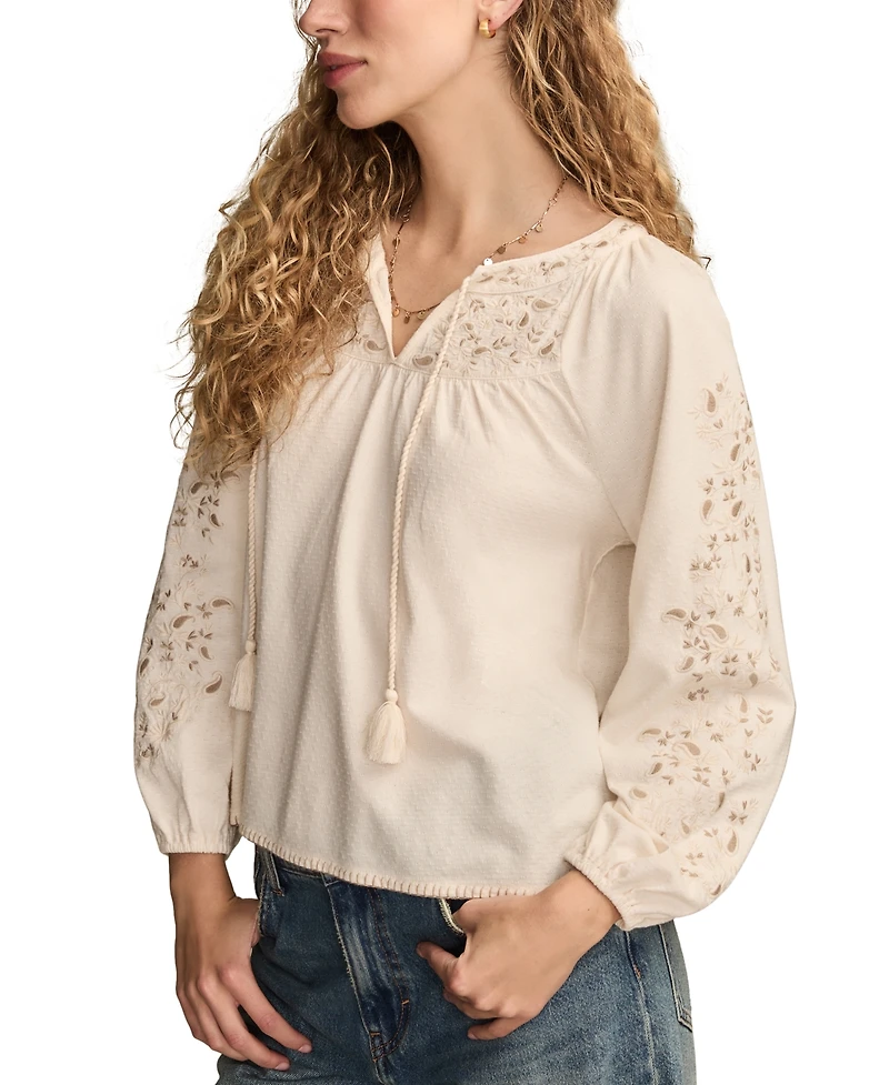 Lucky Brand Women's Embroidered Bubble Peasant Top