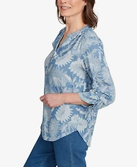 Alfred Dunner Women's Classic Floral Monotone Lyocell Henley Top