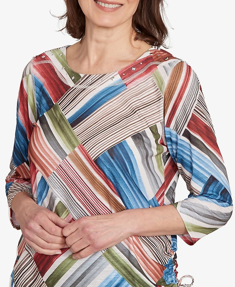 Alfred Dunner Women's Classic Stripe Patchwork Ruched Sides Top