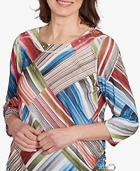 Alfred Dunner Women's Classic Stripe Patchwork Ruched Sides Top