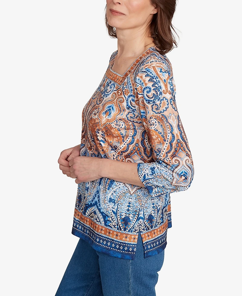 Alfred Dunner Women's Classic Medallion Bordered Square Neck Top