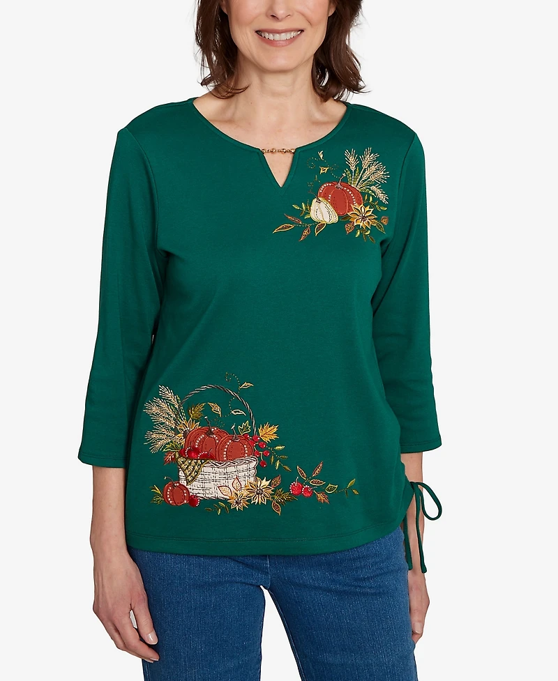 Alfred Dunner Women's Classic Asymmetric Pumpkin Split Beaded Floral Top