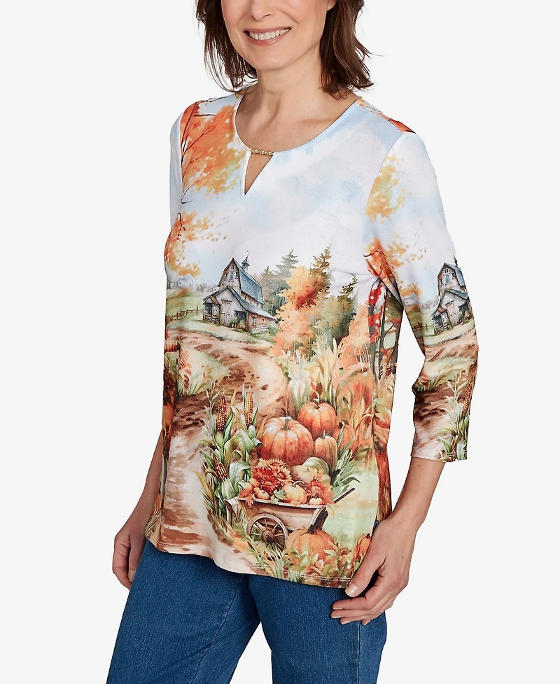 Alfred Dunner Women's Classic Farm Landscape Harvest Floral Top