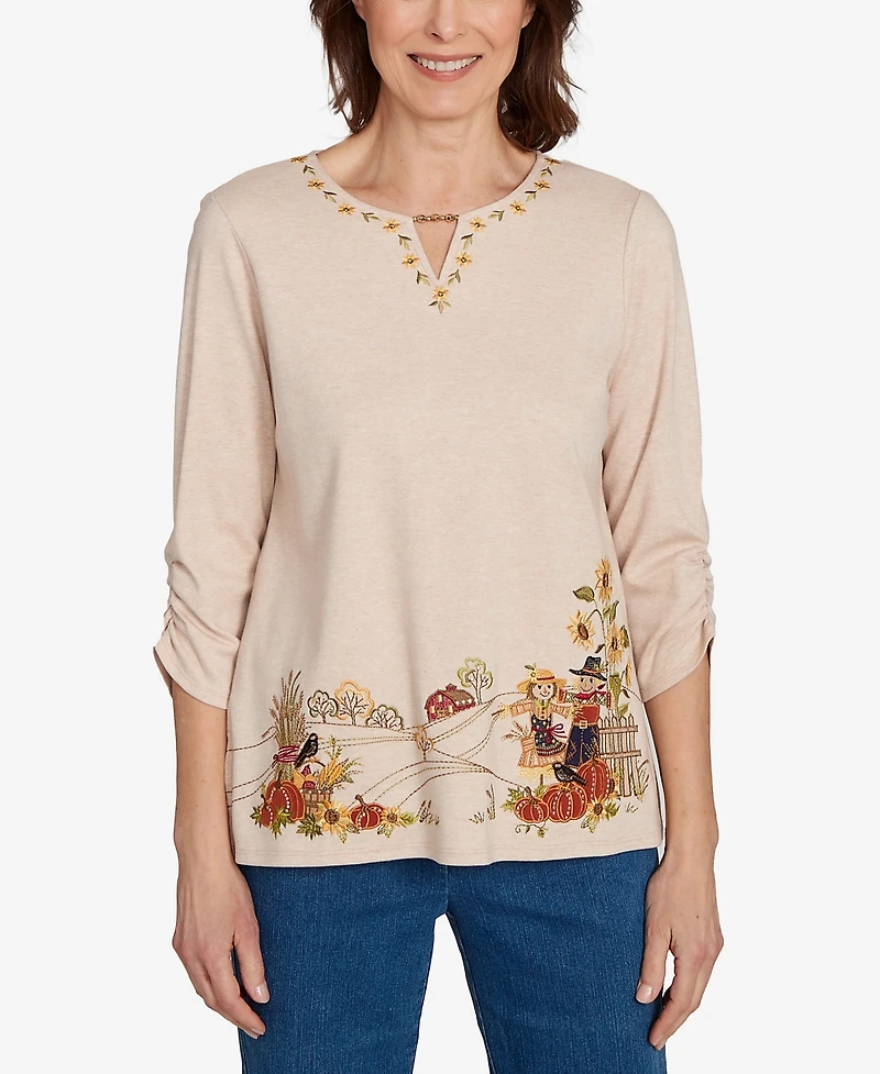 Alfred Dunner Women's Classic Scarecrow Bordered Crew Neck Top