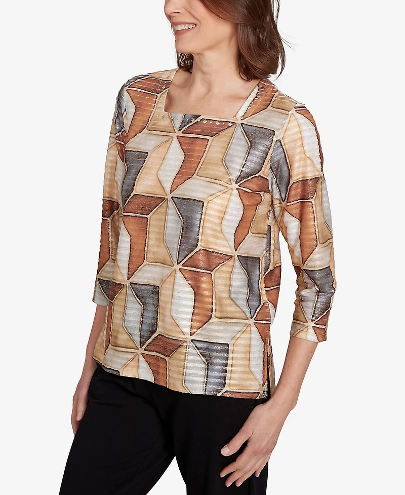 Alfred Dunner Women's Classic Stained Glass Square Neck Top