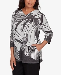 Alfred Dunner Women's Classic Abstract Floral Stripe V-Neck Top