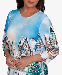 Alfred Dunner Women's Classic Embellished Snow Cabin Village Scene Crew Neck Top