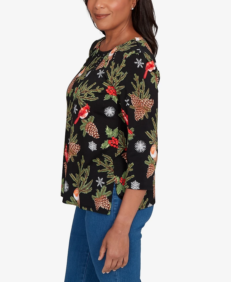 Alfred Dunner Women's Classic Cardinals and Pinecones Embellished Top
