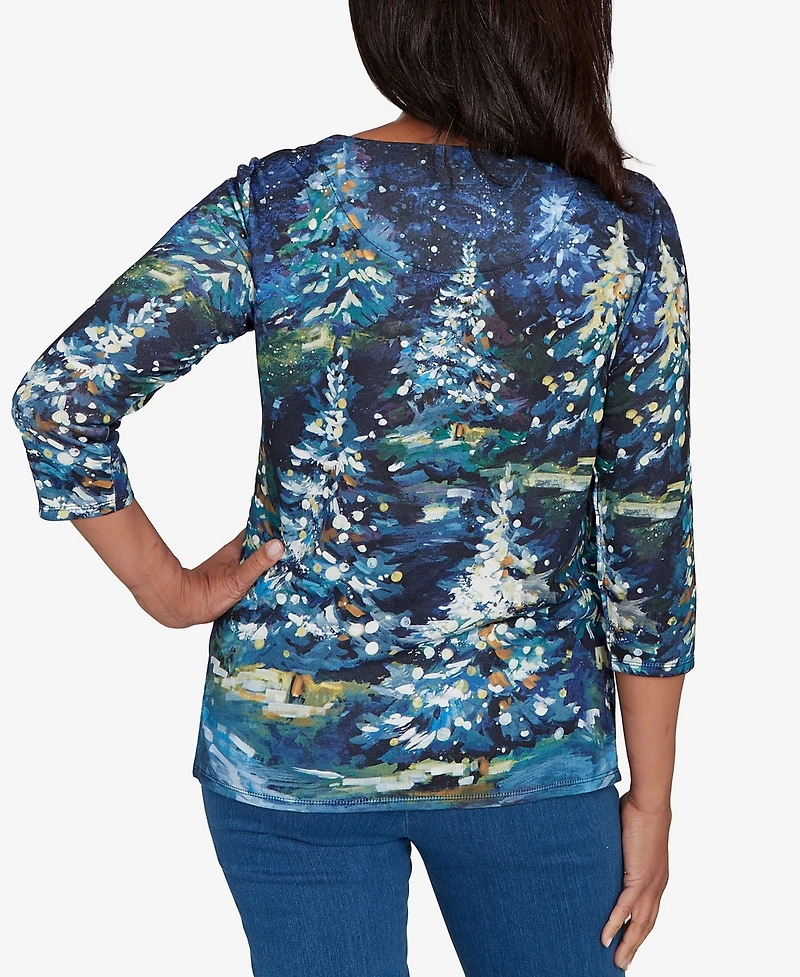 Alfred Dunner Women's Classic Starry Night Holiday Tree Crew Neck Top