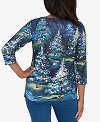Alfred Dunner Women's Classic Starry Night Holiday Tree Crew Neck Top