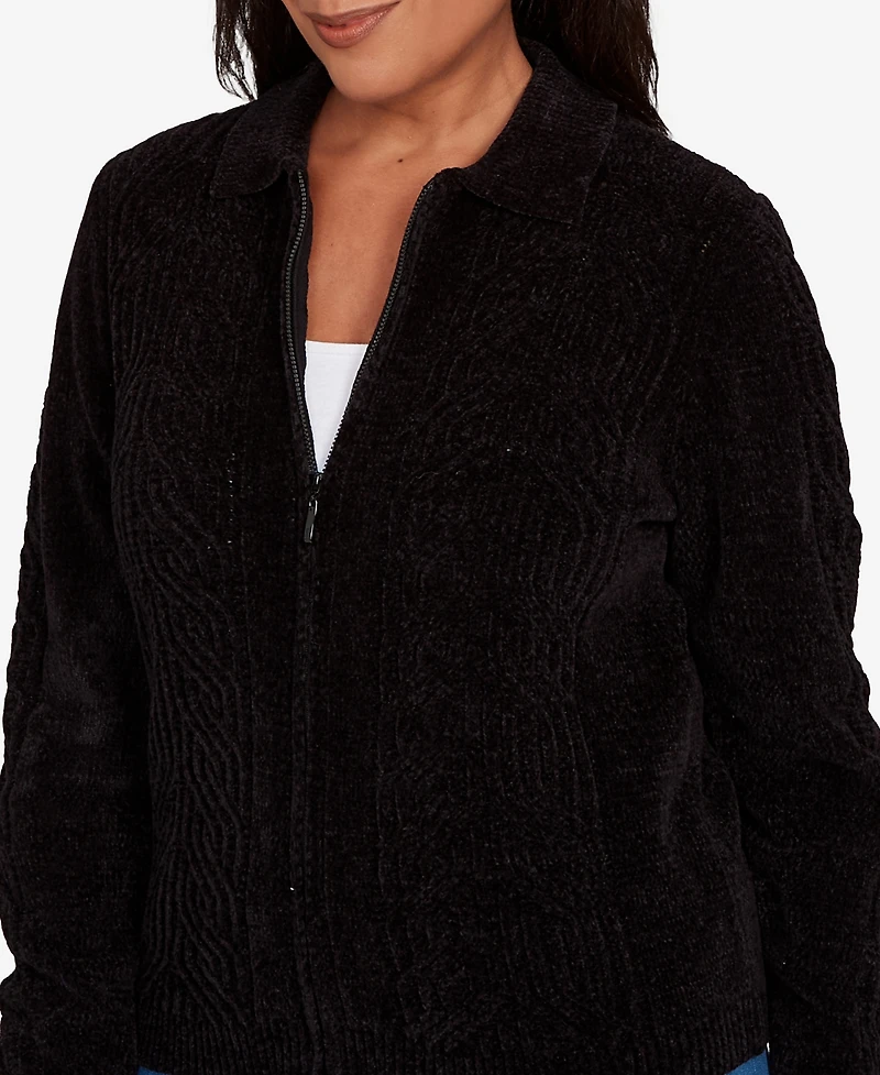 Alfred Dunner Women's Classic Zip-Front Chenille Collared Cardigan Sweater