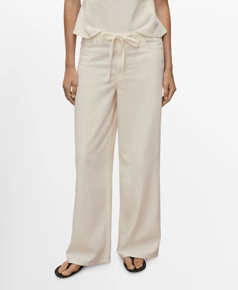 Mango Women's Belted Wide Leg Denim Pants