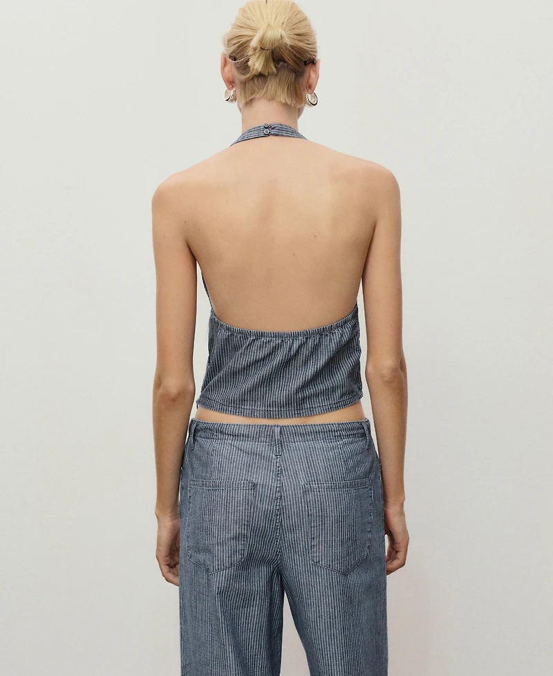 Mango Women's Striped Crossover Denim Top