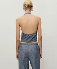Mango Women's Striped Crossover Denim Top