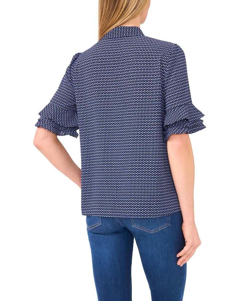 CeCe Women's Button Up Collared Elbow Ruffle Sleeve Top