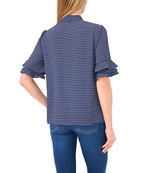 CeCe Women's Button Up Collared Elbow Ruffle Sleeve Top