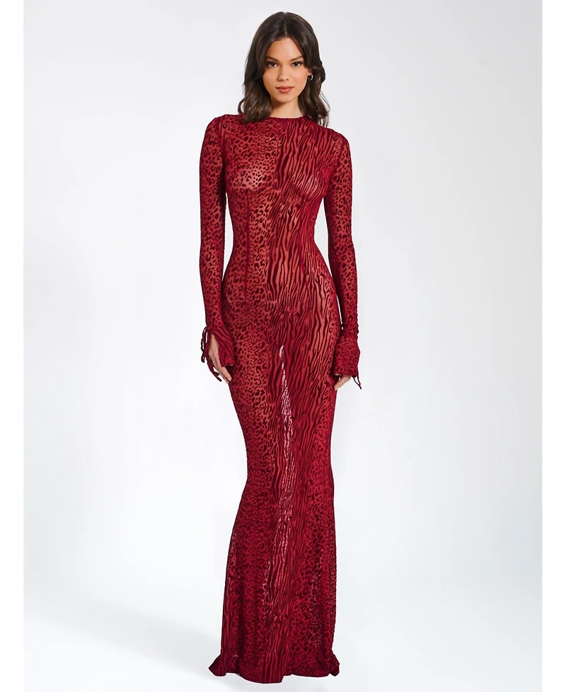 Miss Circle Women Waylynn Burnout Velvet Detail Mesh Backless Maxi Dress