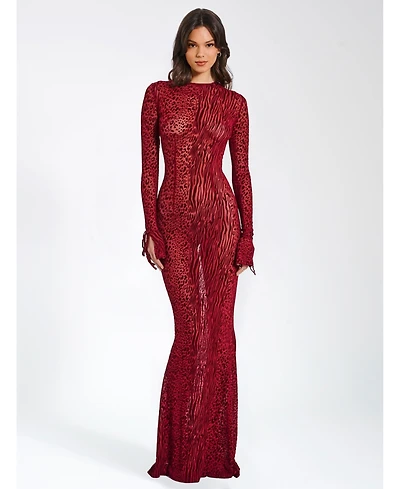 Miss Circle Women Waylynn Burnout Velvet Detail Mesh Backless Maxi Dress