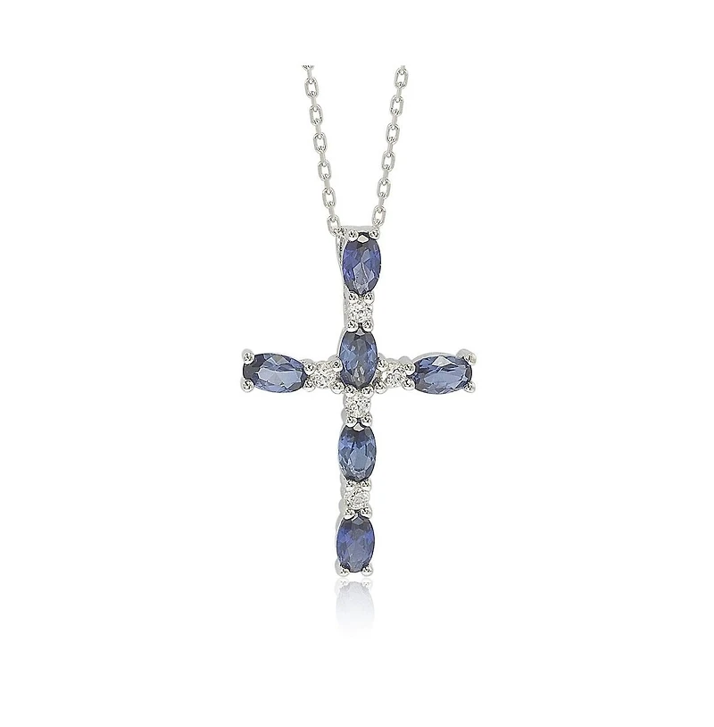 Suzy Levian New York Sterling Silver Sapphire & Created White Oval Cut Cross Pendant Necklace
