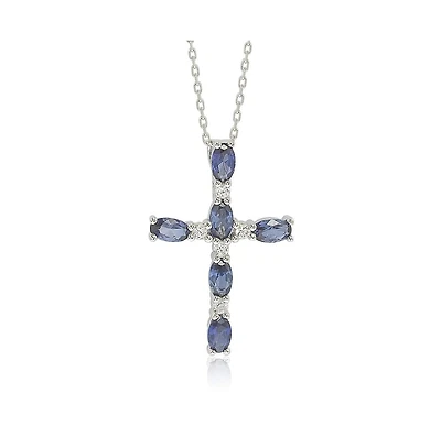 Suzy Levian New York Sterling Silver Sapphire & Created White Oval Cut Cross Pendant Necklace