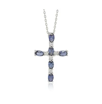 Suzy Levian New York Sterling Silver Sapphire & Created White Oval Cut Cross Pendant Necklace